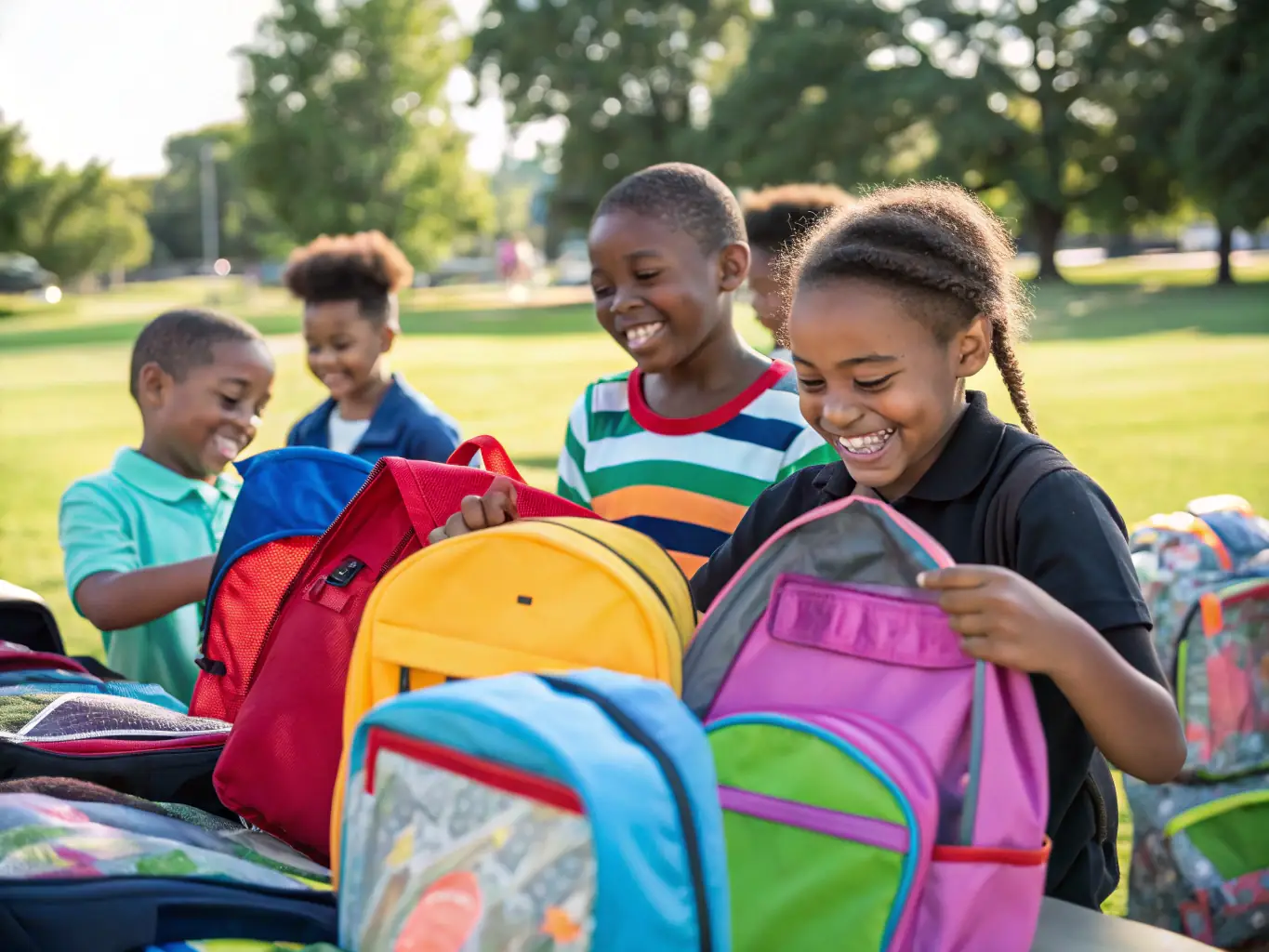 Children receiving school supplies from AVENTURES-LILY volunteers, highlighting the organization's focus on education and empowerment.
