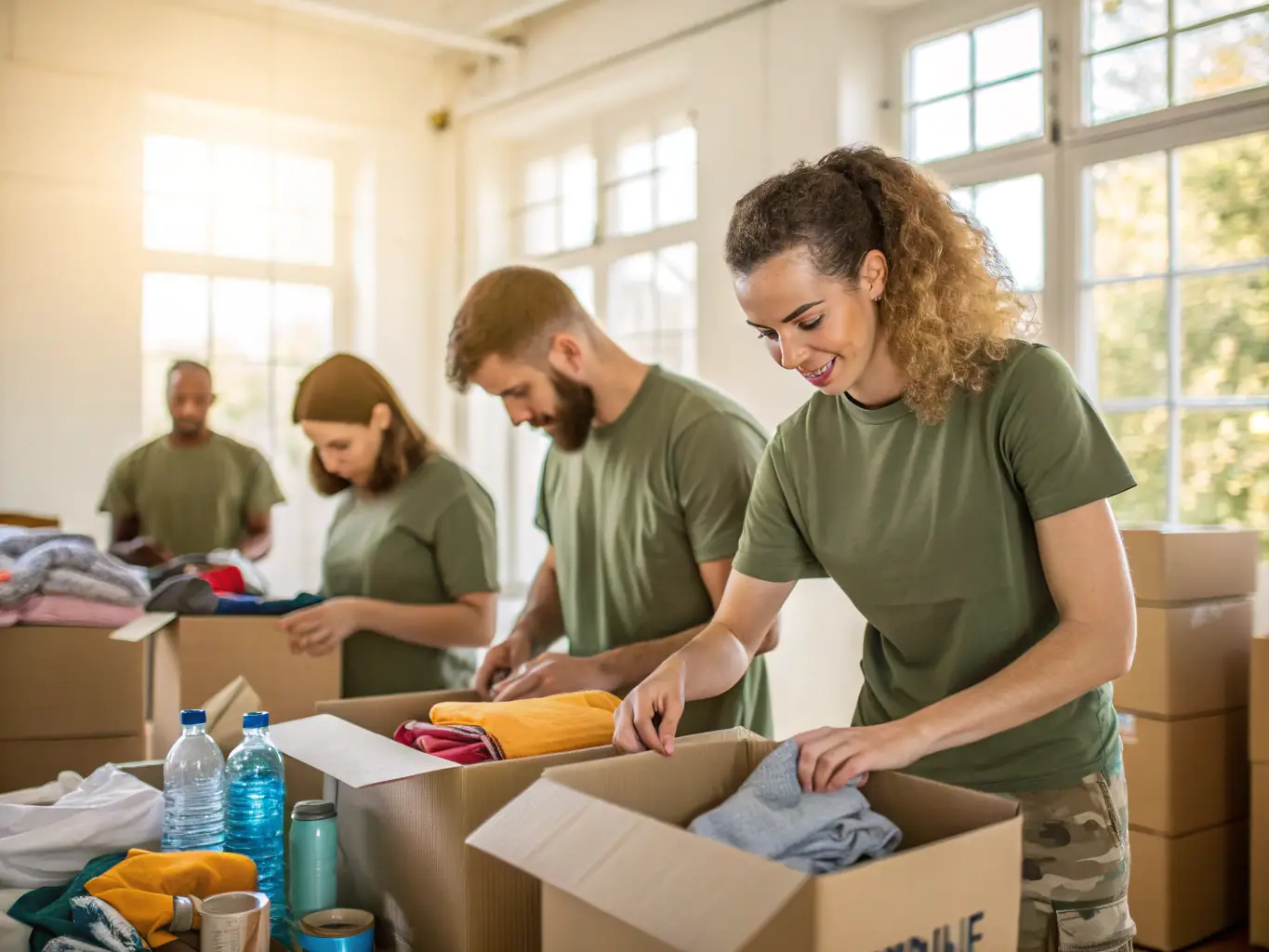 A group of volunteers packing food supplies into boxes, preparing for distribution to families in need, showcasing AVENTURES-LILY's commitment to fighting hunger.
