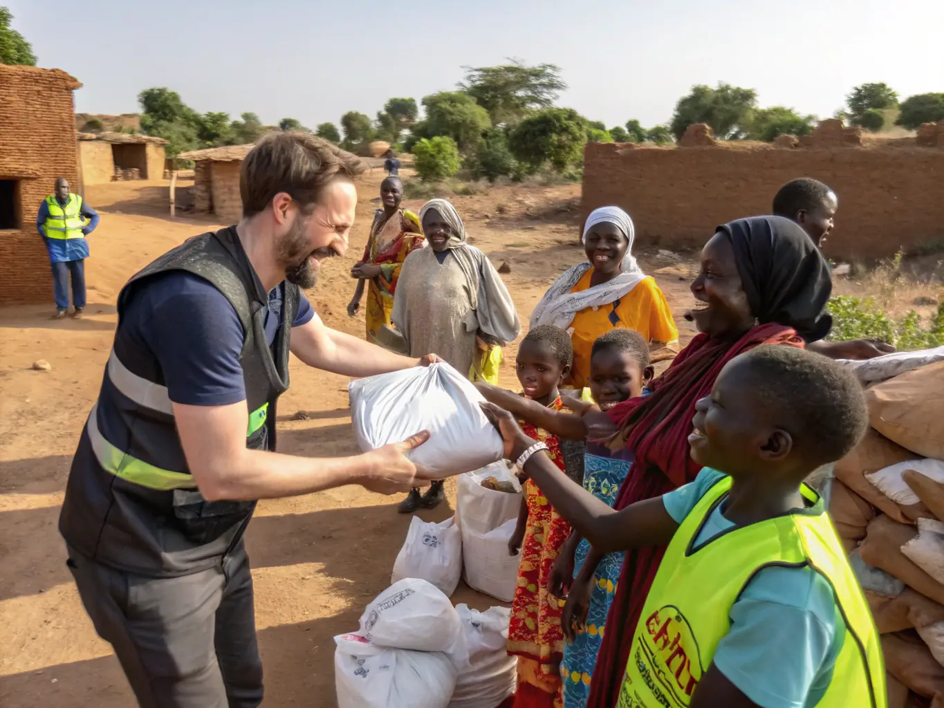 A group of volunteers distributing food packages to families in a rural village, showcasing AVENTURES-LILY's commitment to providing essential resources.