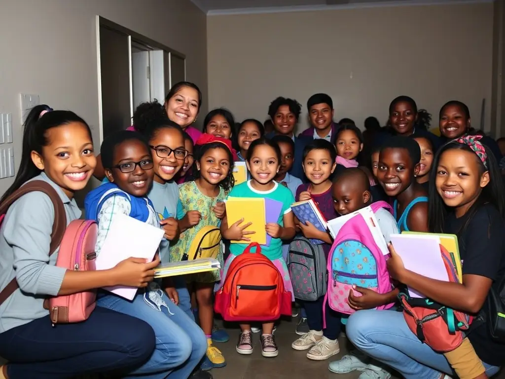 Children receiving school supplies and educational materials from AVENTURES-LILY volunteers, highlighting the organization's focus on supporting education.